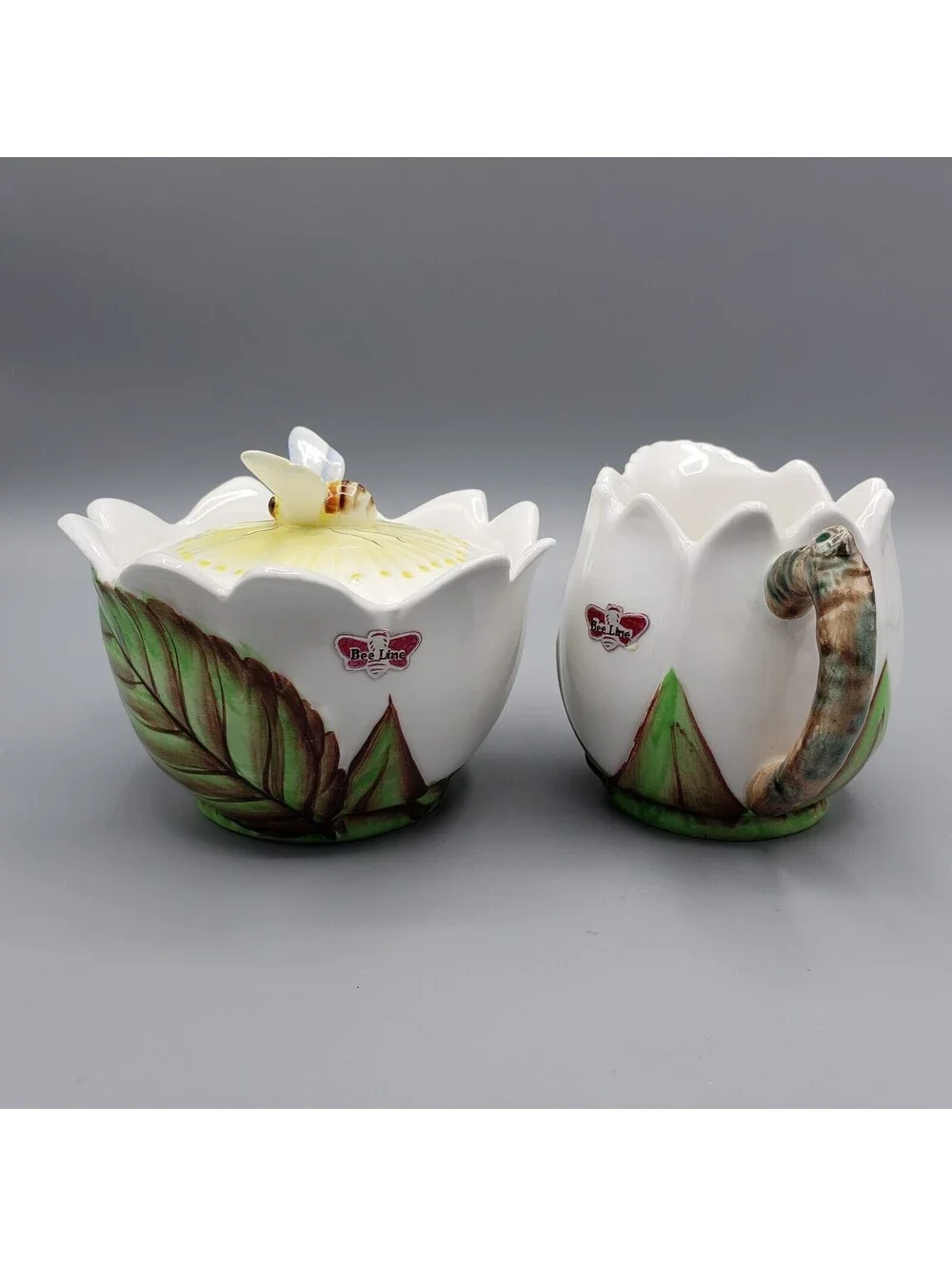 Vintage Lefton Bee Line Creamer & Sugar Set Bumble Bee Ceramic #1291 Japan